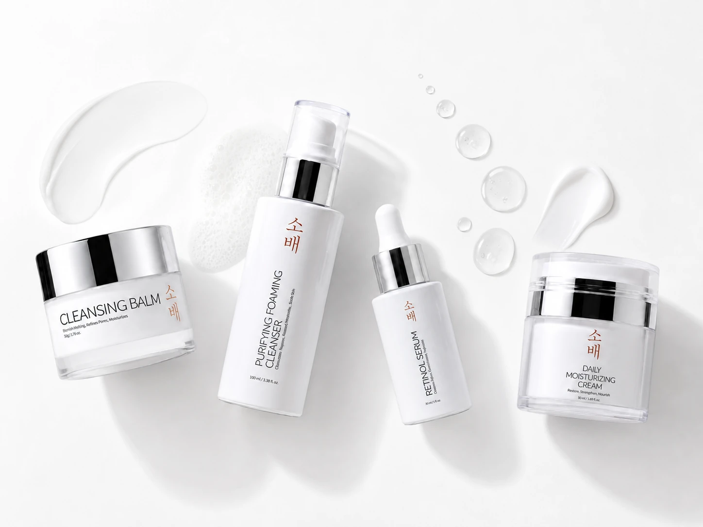 SOBAE skincare products arranged with cleanser, serum and cream textures